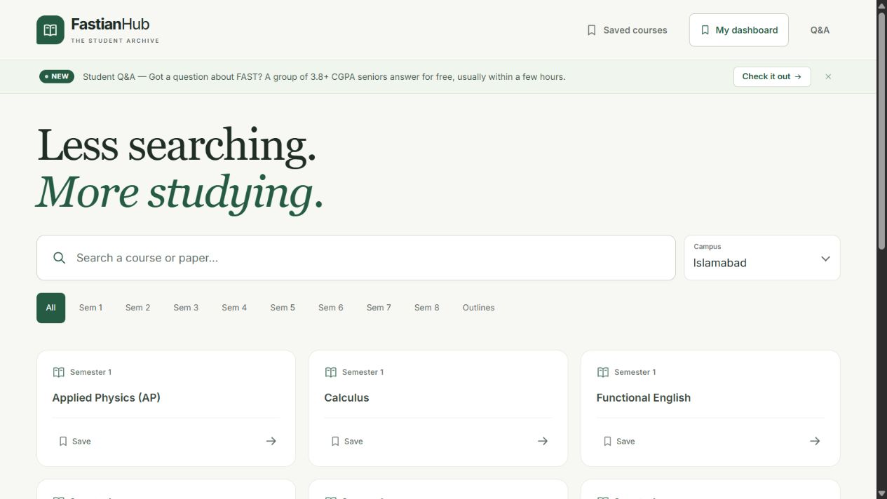 FastianHub homepage with course search, campus filters, and past-paper courses