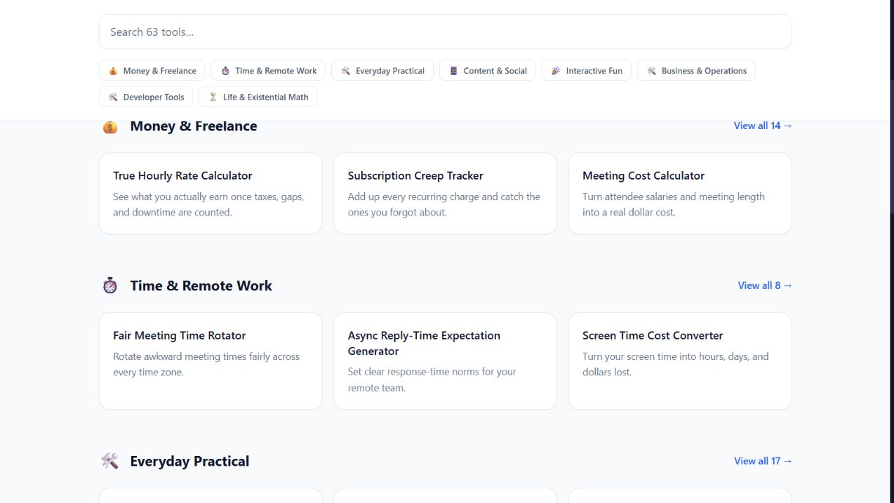 TrueToolkit directory showing money, freelance, and remote-work tools